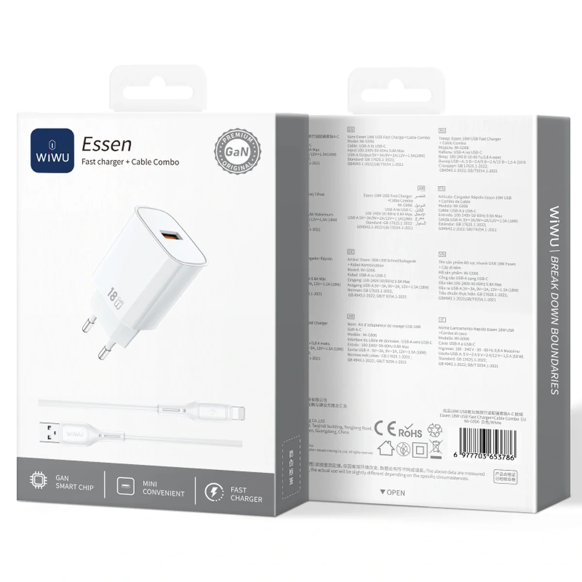 СЗУ WIWU G006 Essen QC3.0 18W GaN (1USB-A) + кабель USB to Lightning White