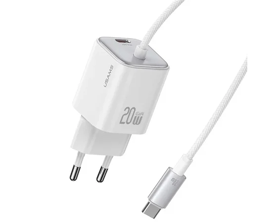 СЗУ Usams US-CC261 GaN JC Ser. 20W (2USB-C) + кабель Type-C to Type-C White