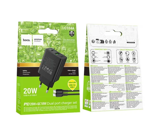 СЗУ Hoco CS94A Leader PD20W+QC3.0 (1USB-A/1C) + кабель Type-C to Type-C Black