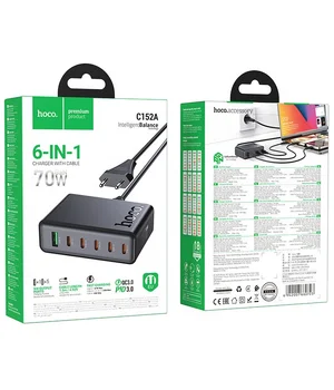СЗУ Hoco C152A Modern PD70W 6in1 (5USB-C та 1USB-A) Black