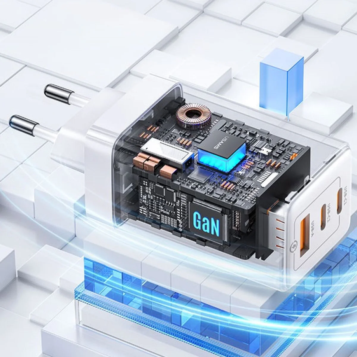 СЗУ Usams US-CC180 65W ACC 3 Ports GaN Sandru series White