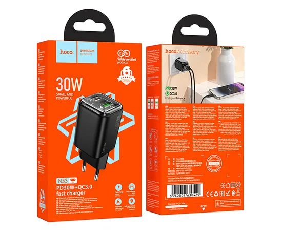 СЗУ Hoco N53 Monsoon PD30W+QC3.0 (1USB-A/1C) Black