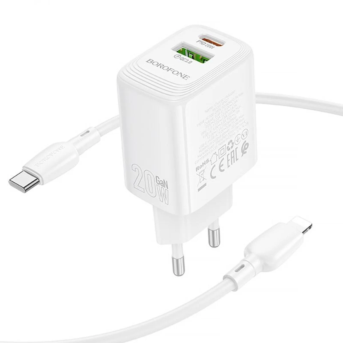 СЗУ Borofone BN27 Fuente PD20W+QC3.0 (1USB-A/1C) + кабель Type-C to Lightning White