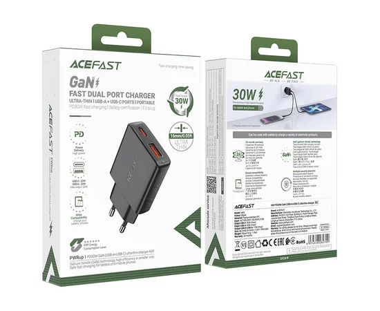 СЗУ Acefast A69 PD30W GaN (USB-C+USB-A) Black