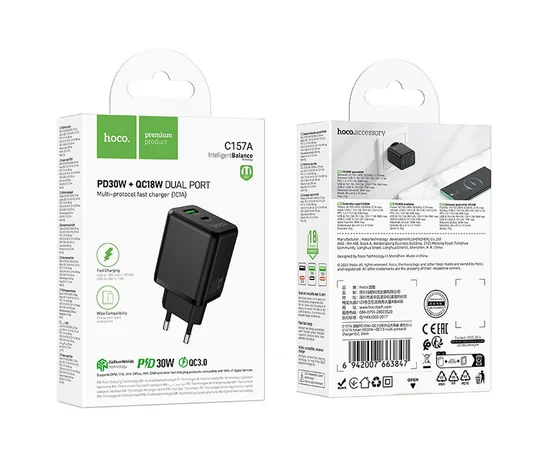 СЗУ Hoco C157A Smart PD30W+QC3.0 (1USB-A/1C) Black