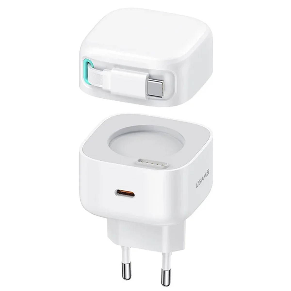 СЗУ Usams US-CC202 GaN With Type-C Magnetic Retractable Cable Module XMF Ser. 35W (2USB-C) White