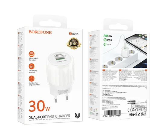 СЗУ Borofone BA94A Lustrous PD30W+QC3.0 (1USB-A/1C) White