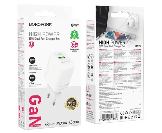 СЗУ Borofone BN29 Fuente PD30W+QC3.0 (1USB-A/1C) White