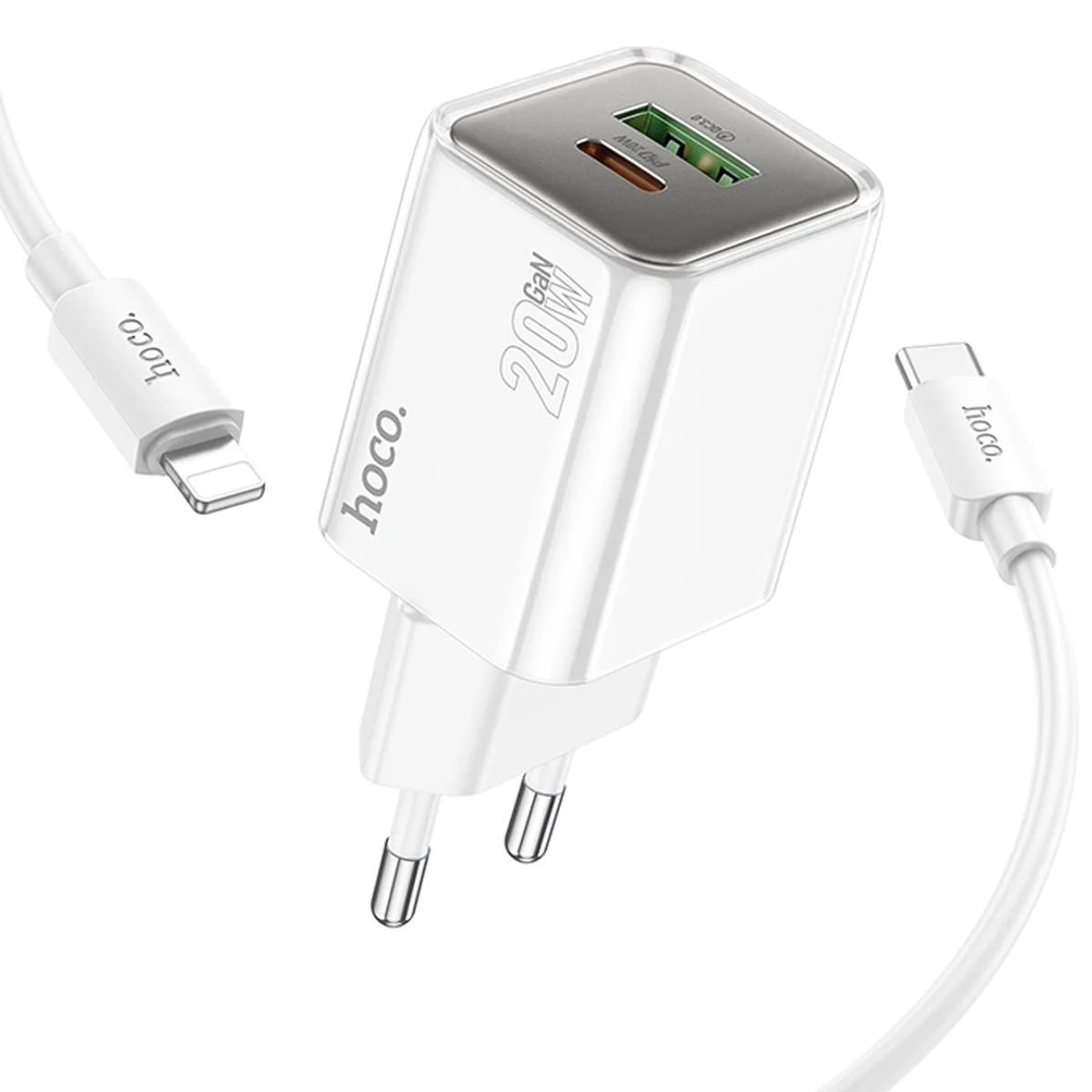 СЗУ Hoco N46 Glorious PD20W+QC3.0 (1USB-A/1C) + Type-C to Lightning White