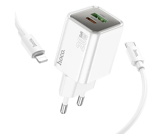 СЗУ Hoco N46 Glorious PD20W+QC3.0 (1USB-A/1C) + Type-C to Lightning White