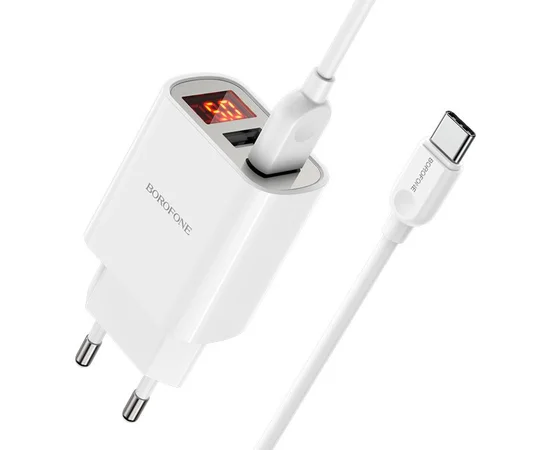 СЗУ Borofone BA58A with digital display 2.4A (2USB-A) + кабель USB для Type-C White