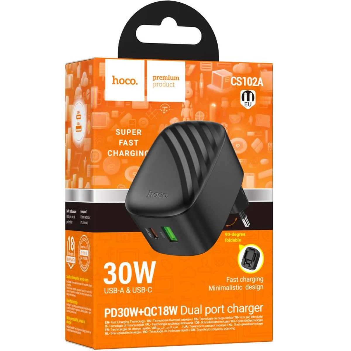 СЗУ Hoco CS102A Folding PD30W+QC3.0 (1USB-A/1C) Black