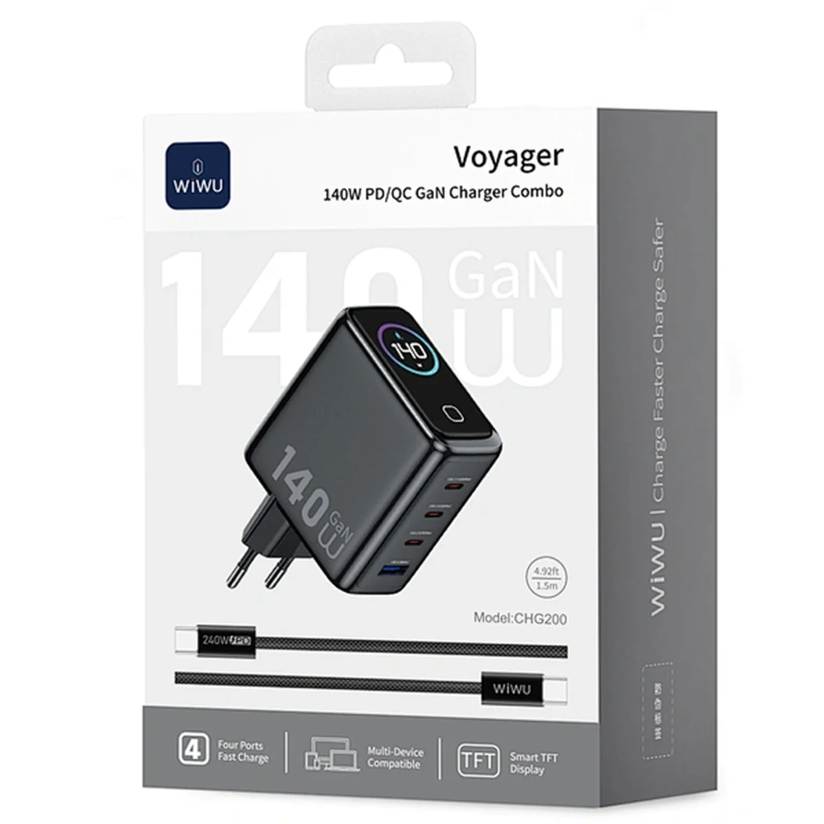 СЗУ WIWU CHG200 Voyager PD140W+QC3.0 (1USB-A/3C) + кабель Type-C to Type-C Grey