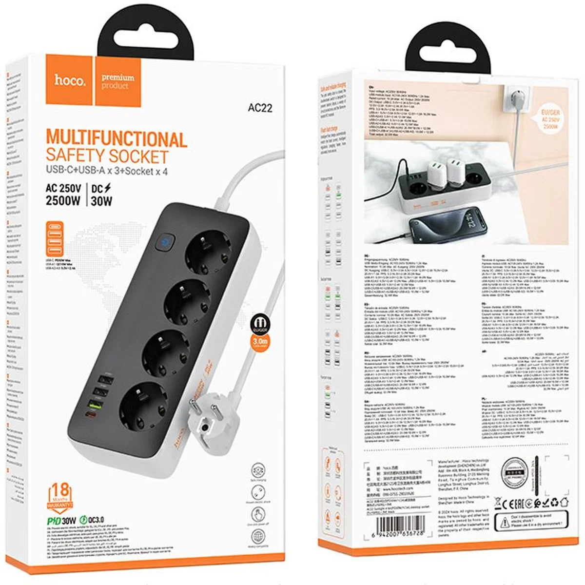 Подовжувач Hoco AC22 Sunlight (PD30W/1C/3A/4xSocket) (3m) Black