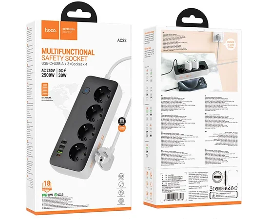 Удлинитель Hoco AC22 Sunlight (PD30W/1C/3A/4xSocket) (3m) Black