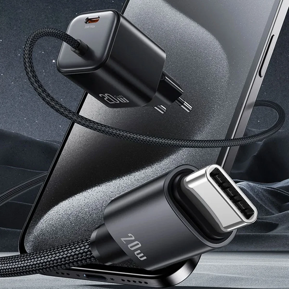 СЗУ Usams US-CC261 GaN JC Ser. 20W (2USB-C) + кабель Type-C to Type-C Black