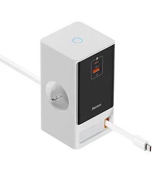 СЗУ Baseus OS PowerCombo Digital PowerStrip+Retractable-C 65W (1USB-A/1C/2Socket) (1.5m) (PSLR000) Glacier White