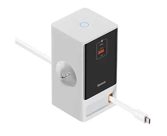 СЗУ Baseus OS PowerCombo Digital PowerStrip+Retractable-C 65W (1USB-A/1C/2Socket) (1.5m) (PSLR000) Glacier White