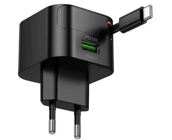 СЗУ Hoco C154A Changer With Retractable Cable Type-C PD20W+QC3.0 (1USB-C) Black