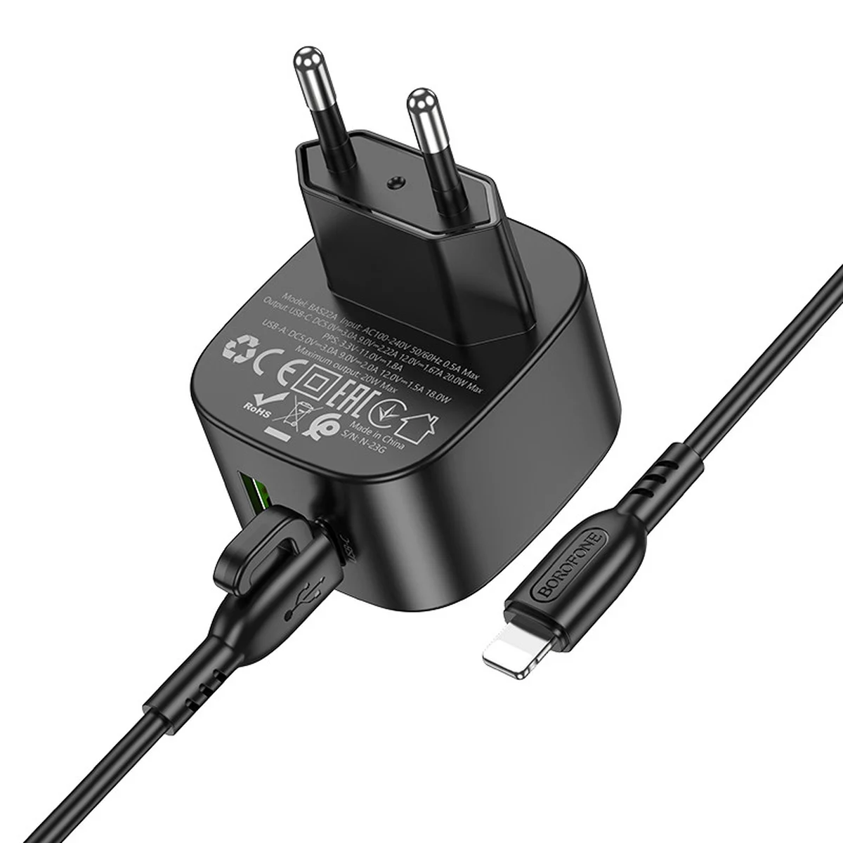 СЗУ Borofone BAS22A Fortune PD20W+QC3.0 (1C1A) + Type-C to Lightning Black