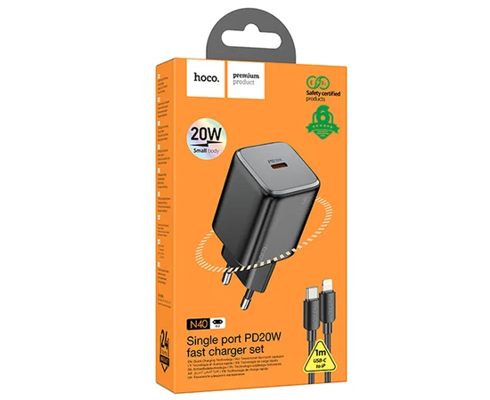 СЗУ Hoco N40 Mighty 1C PD20W + Type to Lightning Black