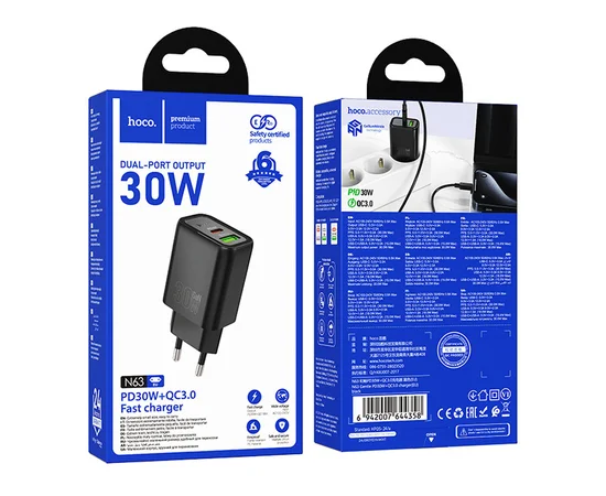СЗУ Hoco N63 Gentle PD30W+QC3.0 (1USB-A/1C) Black