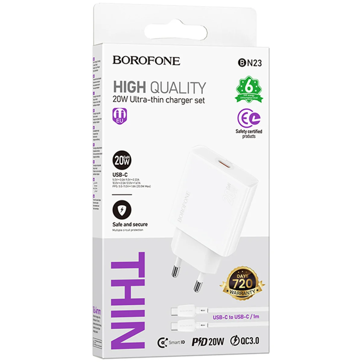 СЗУ Borofone BN23 Wish PD20W (1USB-C) + кабель Type-C to Type-C White