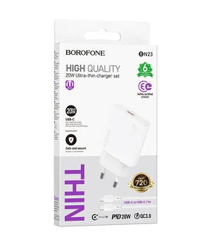 СЗУ Borofone BN23 Wish PD20W (1USB-C) + кабель Type-C to Type-C White