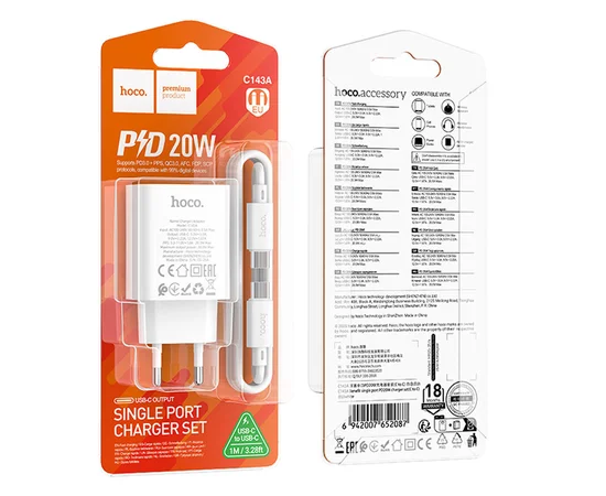 СЗУ Hoco C143A Benefit PD20W (1USB-C) + кабель Type-C to Type-C White