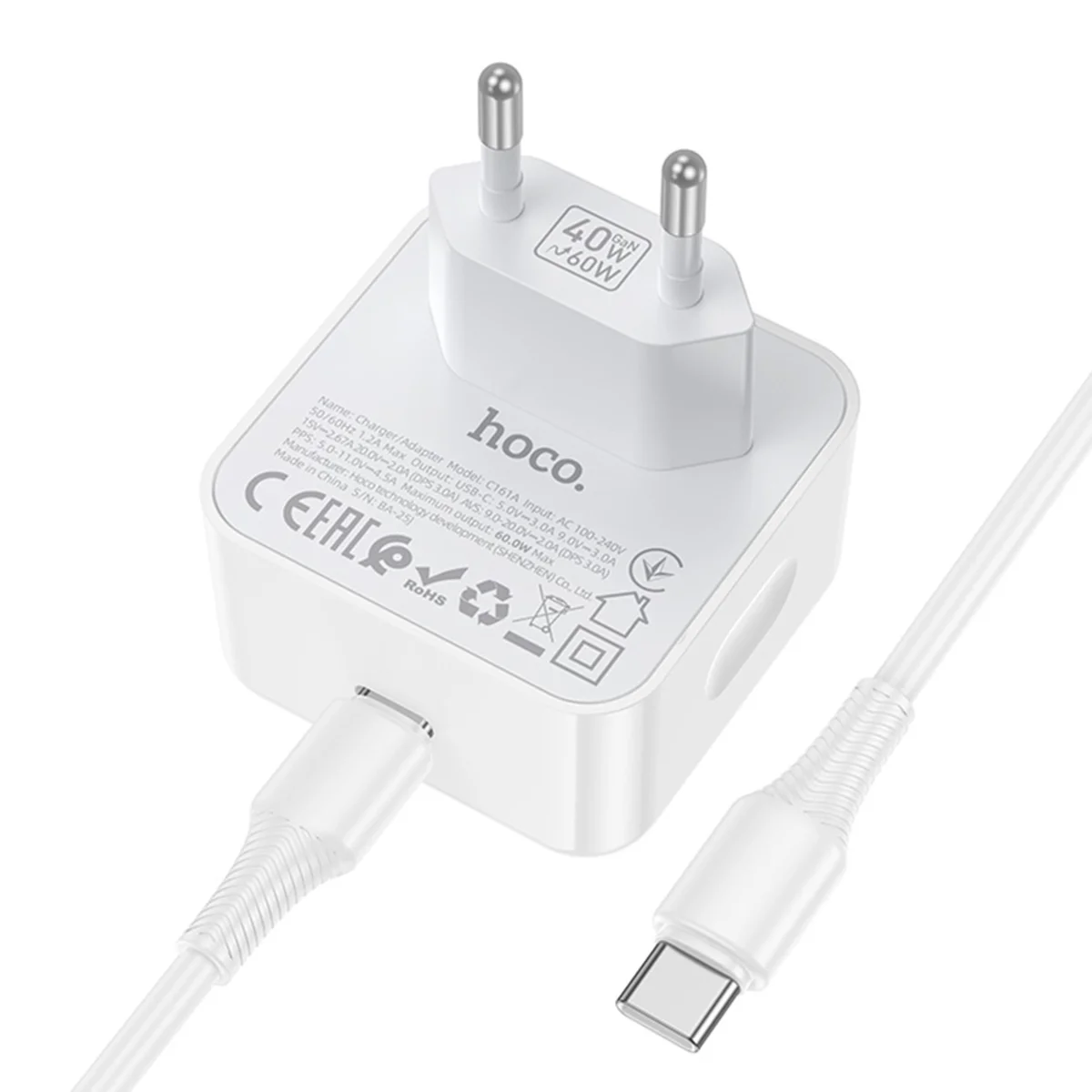 СЗУ Hoco C161A Speed PD40W (1USB-C) + кабель Type-C to Type-C White