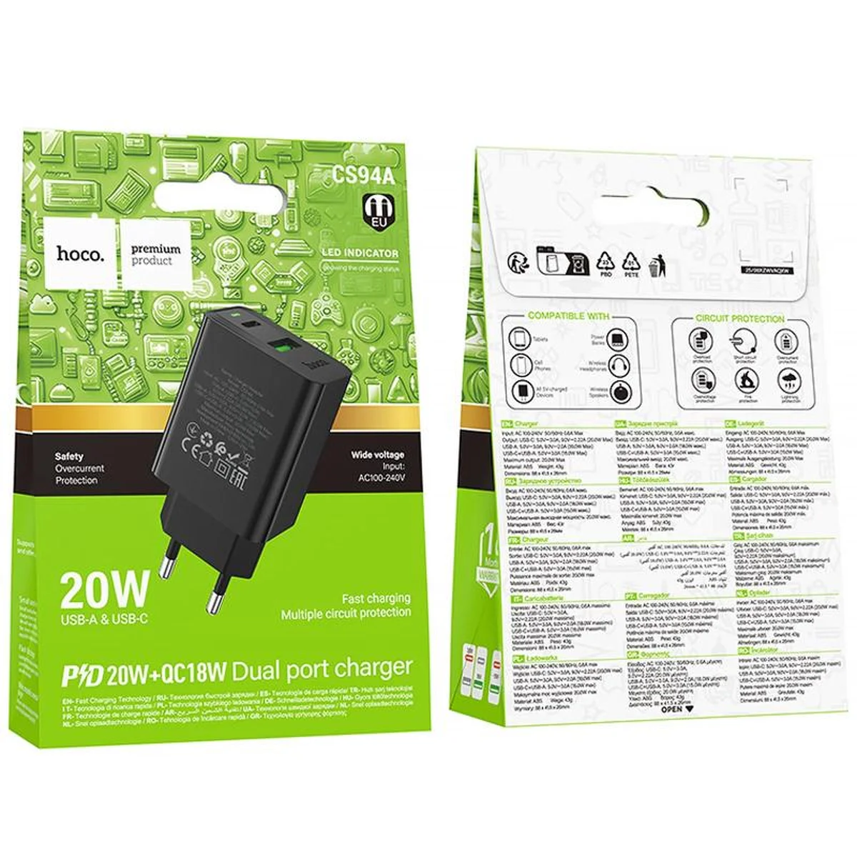 СЗУ Hoco CS94A Leader PD20W+QC3.0 (1USB-A/1C) Black