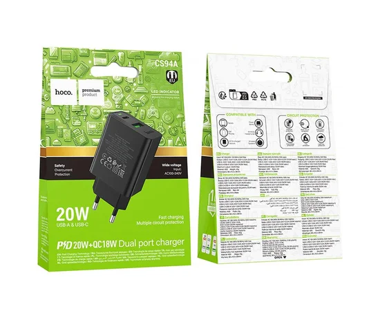 СЗУ Hoco CS94A Leader PD20W+QC3.0 (1USB-A/1C) Black