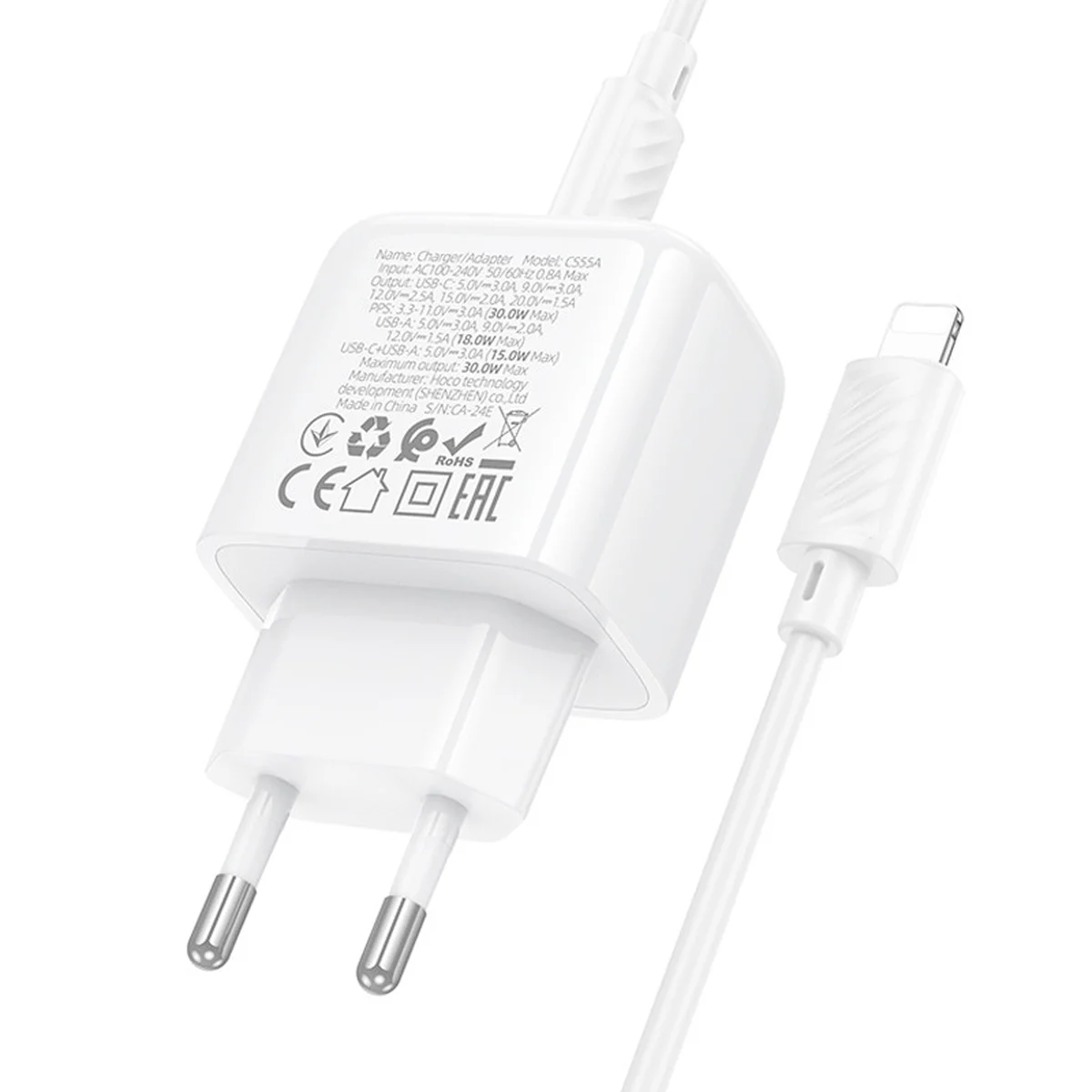 СЗУ Hoco CS55A Surplus PD30W+QC3.0 (1USB-A/1C) + кабель Type-C to Lightning White