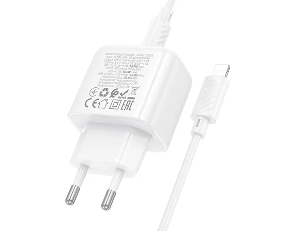 СЗУ Hoco CS55A Surplus PD30W+QC3.0 (1USB-A/1C) + кабель Type-C to Lightning White
