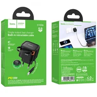 СЗУ Hoco C153A Changer With Retractable Cable Type-C PD20W Black