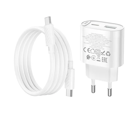 СЗУ Hoco C109A Fighter PD20W+QC3.0 (1USB-A/1C) + кабель Type-C to Type-C White