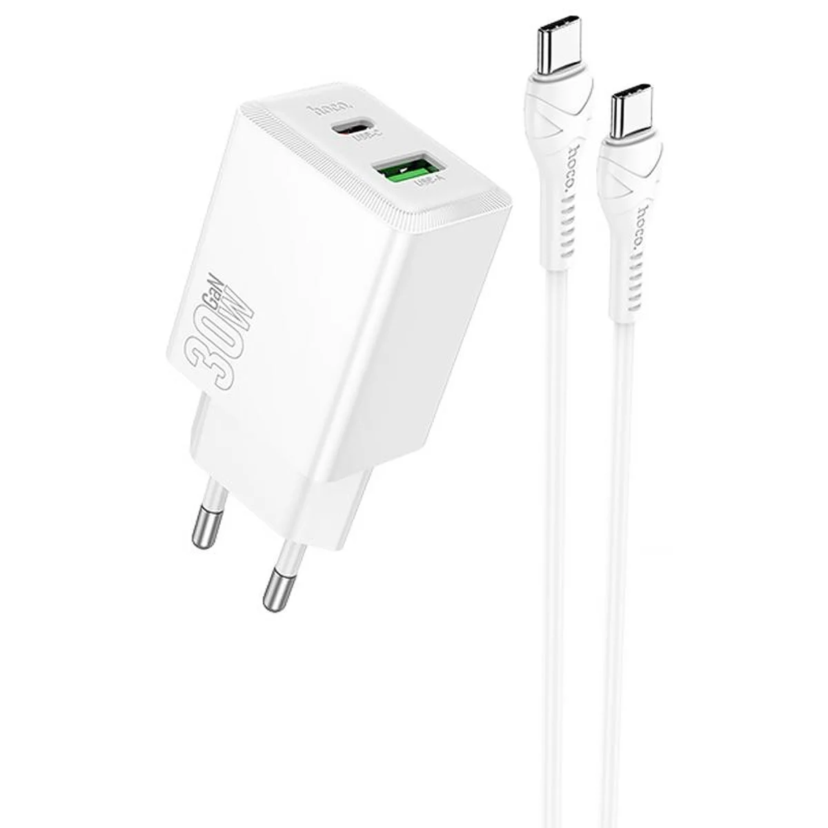 СЗУ Hoco N71 Nuevo PD30W+QC3.0 (1USB-A/1C)  + кабель Type-C to Type-C White