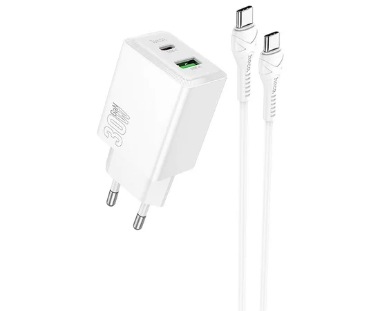СЗУ Hoco N71 Nuevo PD30W+QC3.0 (1USB-A/1C)  + кабель Type-C to Type-C White