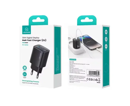 СЗУ Usams US-CC229 GaN Digital Display XC Ser. 30W (1USB-A/1C) Black