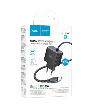 СЗУ Hoco C163A New PD25W (1USB-C) + вбудований кабель Type-C Black
