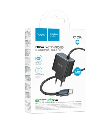 СЗУ Hoco C163A New PD25W (1USB-C) + встроенный кабель Type-C Black