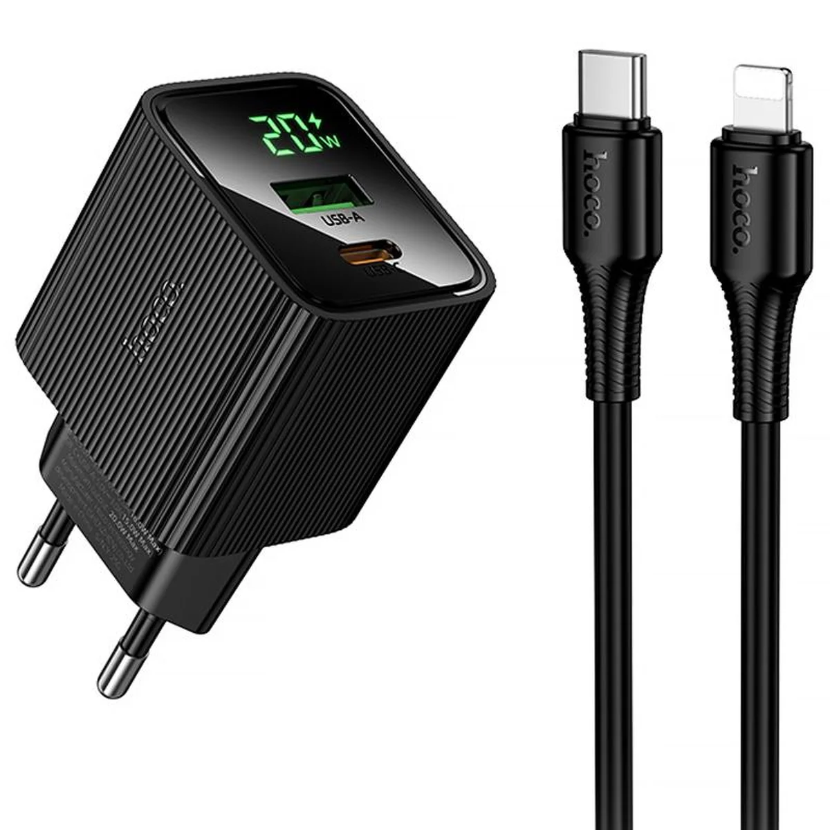 СЗУ Hoco CS83A Excellent with digital display PD20W+QC3.0 (1USB-A/1C) + кабель Type-C to Lightning Black