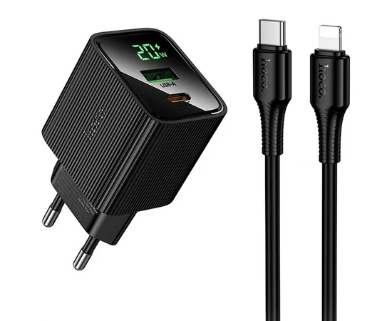 СЗУ Hoco CS83A Excellent with digital display PD20W+QC3.0 (1USB-A/1C) + кабель Type-C to Lightning Black