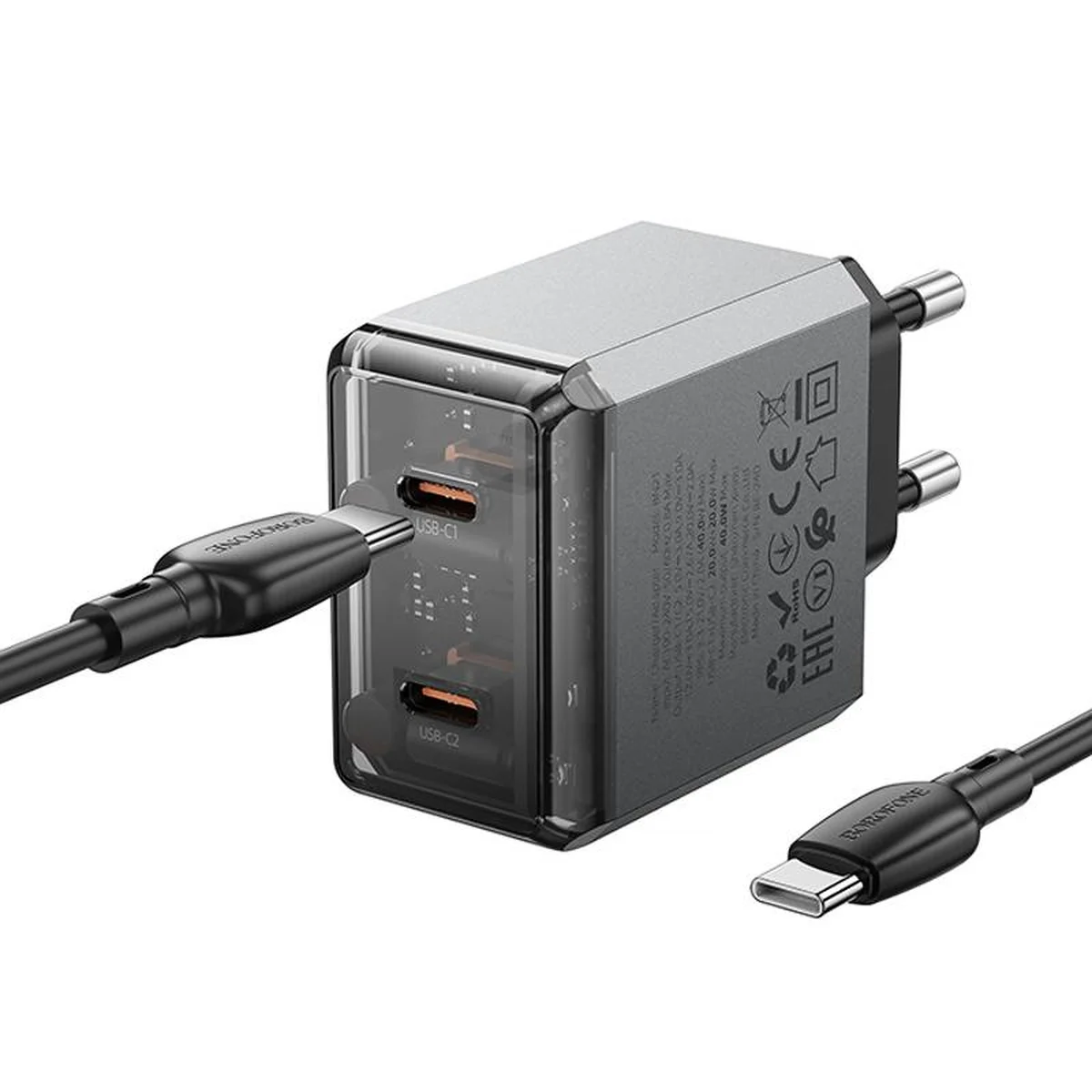 СЗУ Borofone BN21 Lena PD40W+QC3.0 (2USB-C) + кабель Type-C to Type-C Metal gray