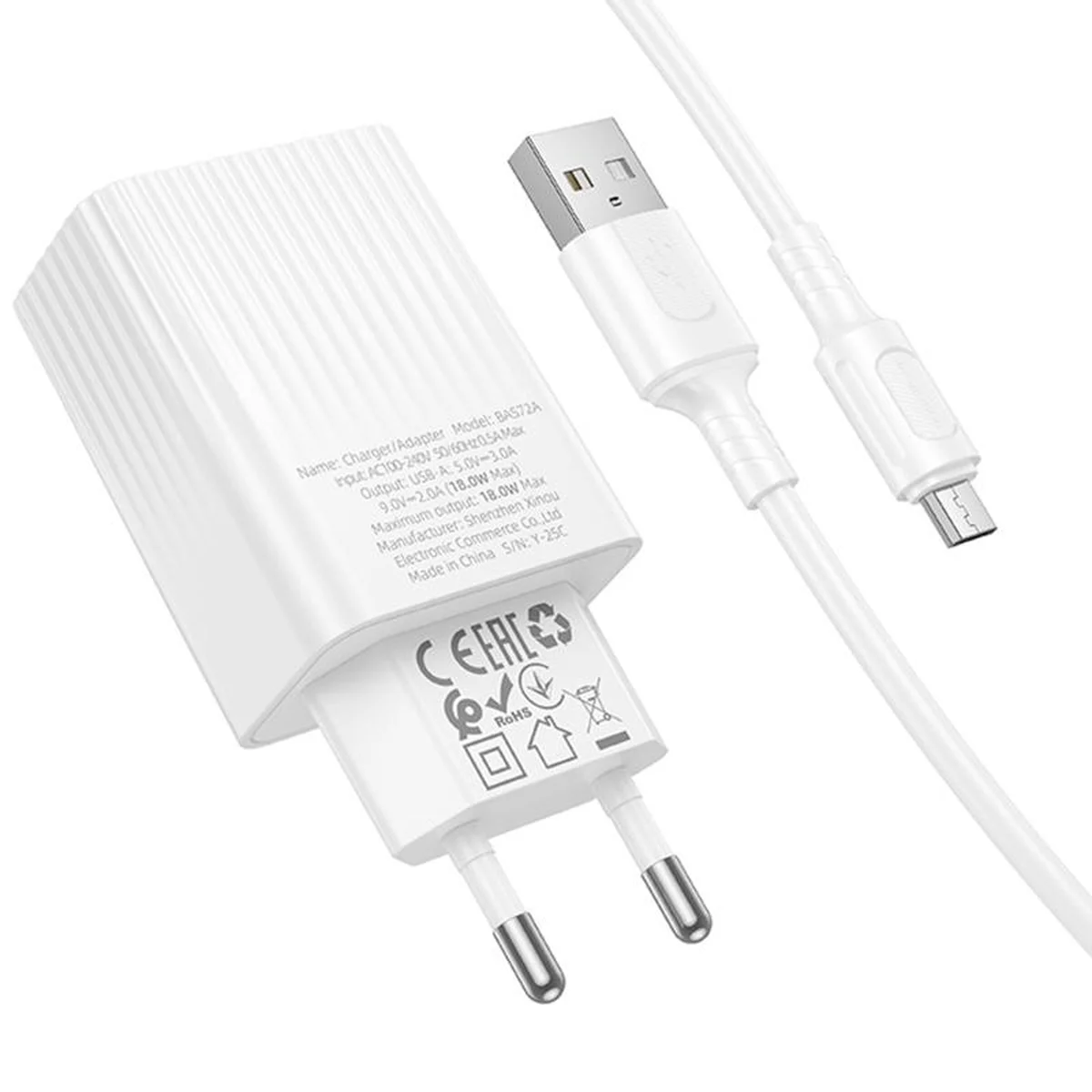 СЗУ Borofone BAS72A Source QC3.0 (1USB-A) + кабель USB to MicroUSB White