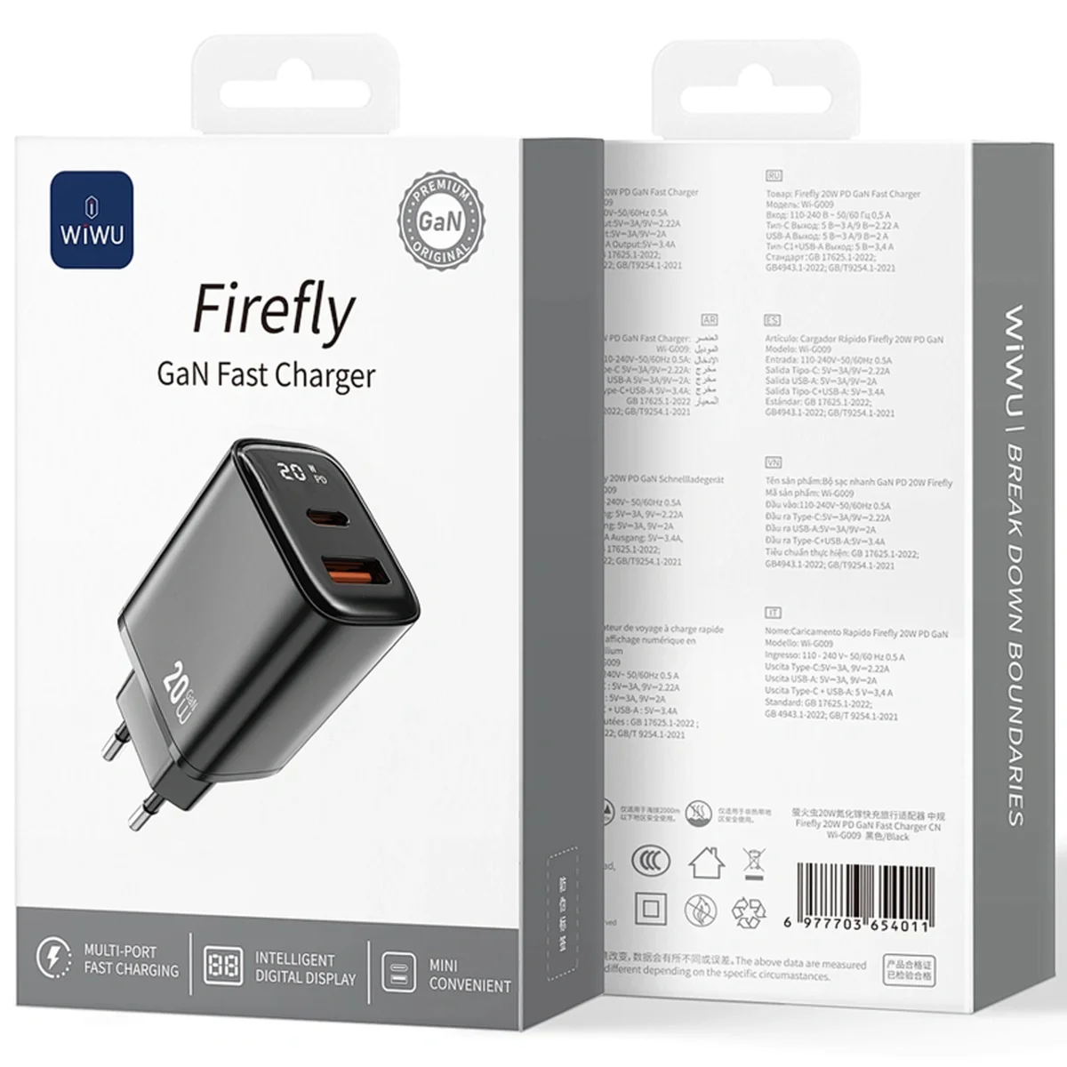 СЗУ WIWU G009 Firefly PD20W+QC3.0 GaN (1USB-A/1C) Black