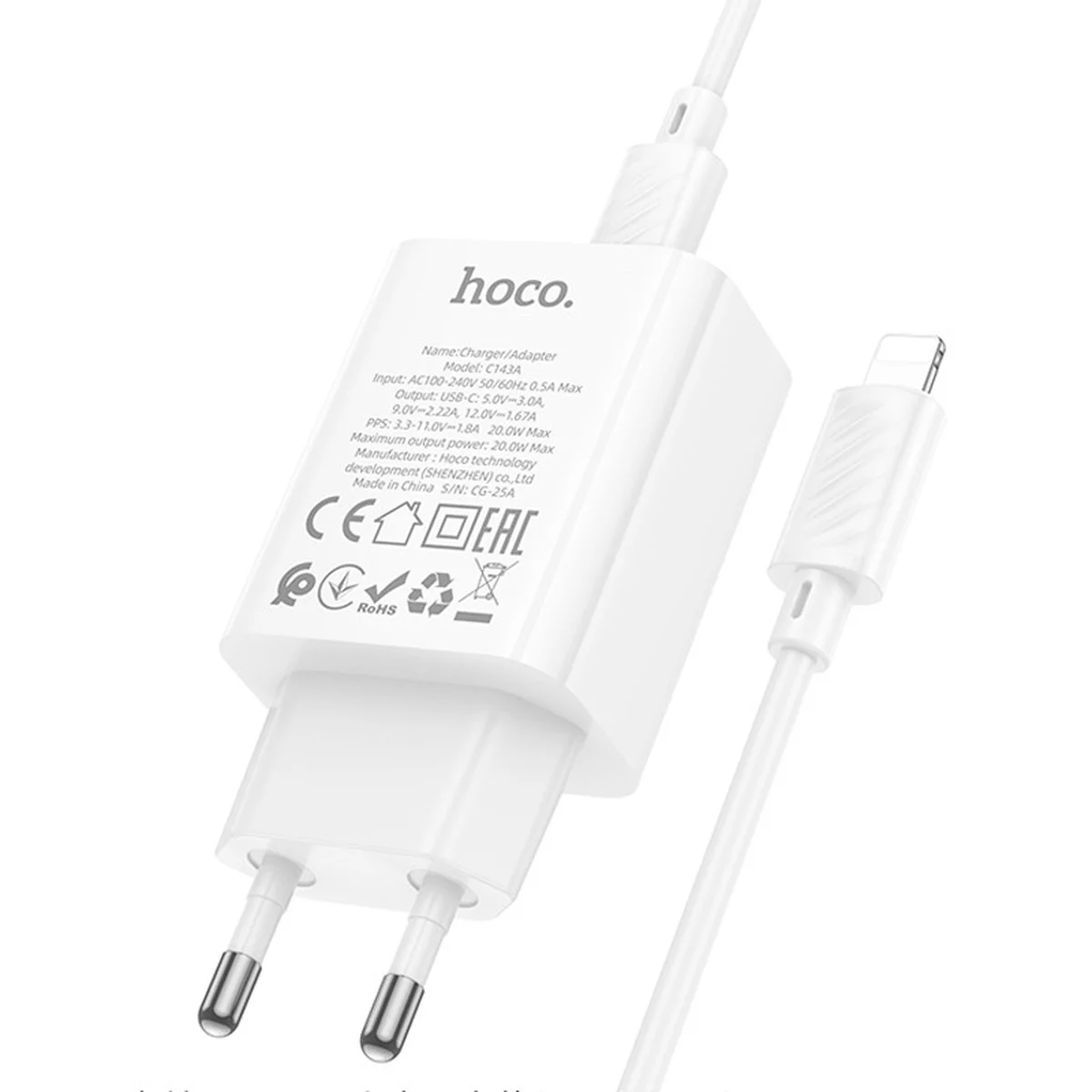 СЗУ Hoco C143A Benefit PD20W (1USB-C) + кабель Type-C to Lightning White