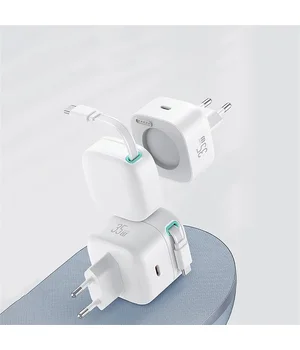 СЗУ Usams US-CC202 GaN With Type-C Magnetic Retractable Cable Module XMF Ser. 35W (2USB-C) White