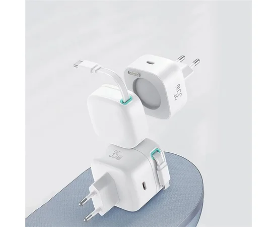 СЗУ Usams US-CC202 GaN With Type-C Magnetic Retractable Cable Module XMF Ser. 35W (2USB-C) White