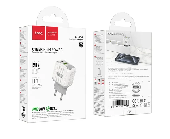 СЗУ Hoco C135A Rock PD20W+QC3.0 (1USB-A/1USB-C) White